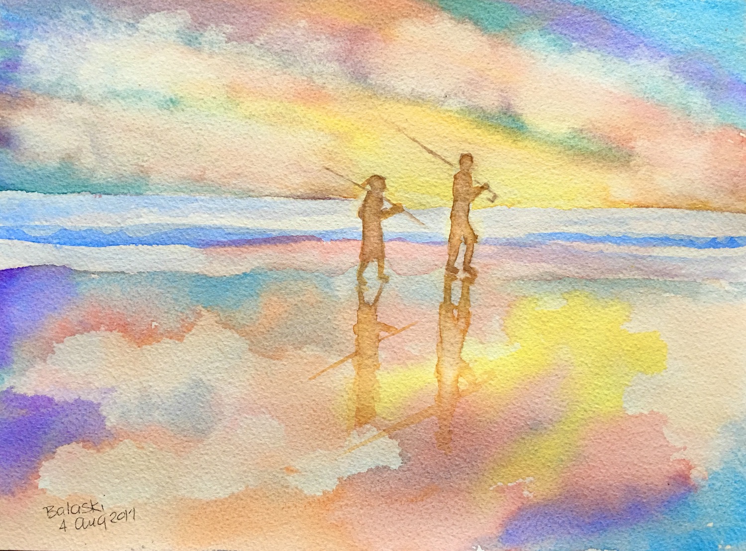 Watercolor painting of 2 figures with fishing poles with sunset behind them