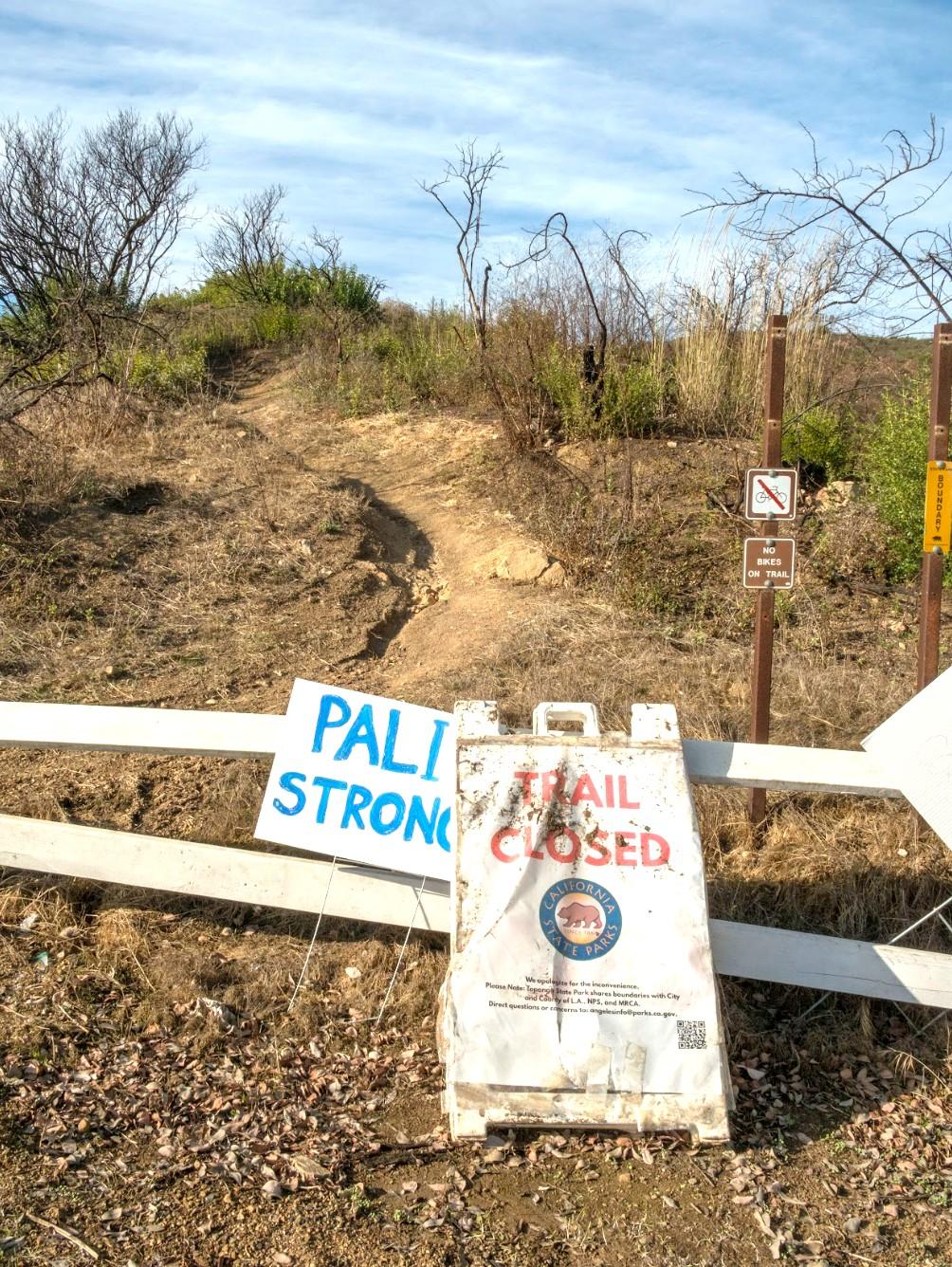 After the Palisades Fire — trail closed sign