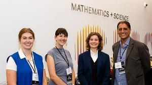 Madison Asgeirsson, SMC student; Jessie Salter, Life Science Faculty Member; Lexie Williamson, SMC Student; and Garen Baghdasarian, PhD, Life Sciences Department Chair at the “Launch the Future” event. [Photo Credit: Keats Elliott / Santa Monica College Foundation]
