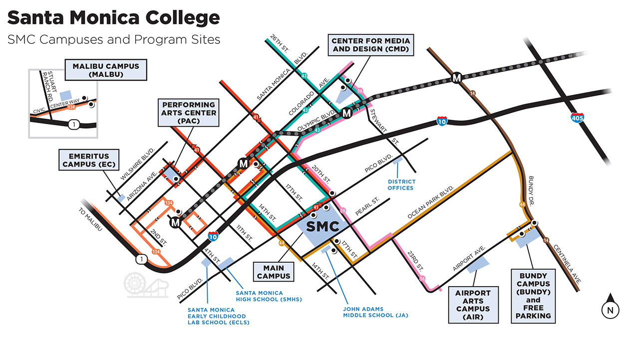 Map of Santa Monica with the SMC Campuses indicated