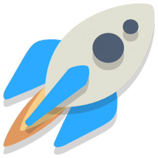 A cartoon rocketship with a blue and grey color scheme.