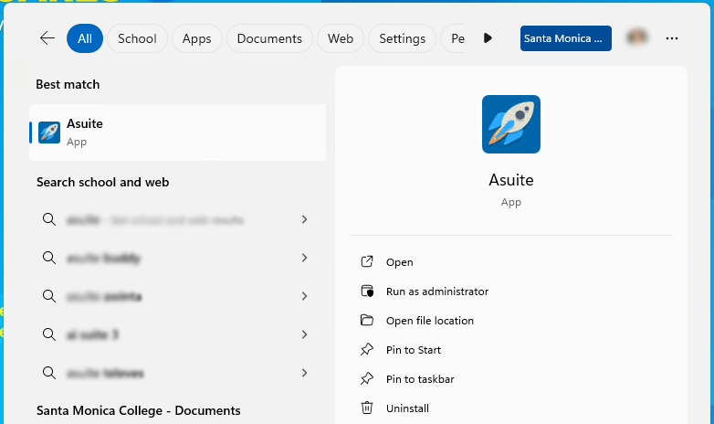 A screenshot of a Windows 11 Start menu search for the ASuite app.