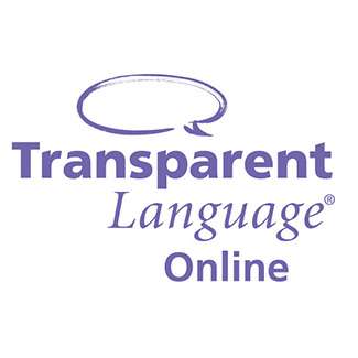 A purple 'thought bubble' with the words 'Transparent Language Online' written below.