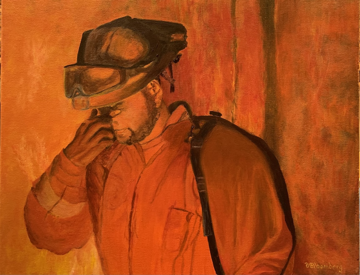 Acrylic painting of firefighter in bright orange light by Vivian Bloomberg