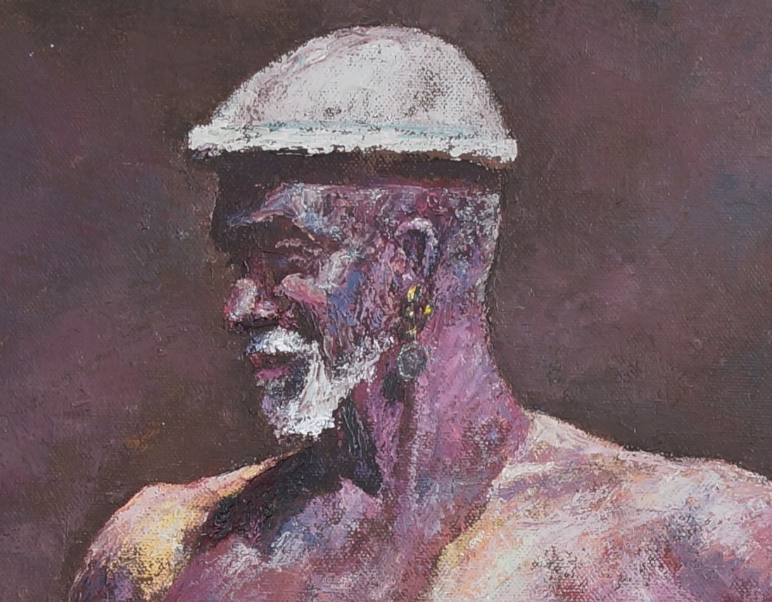 Figure painting by David Min depicting a male model from the shoulders up.