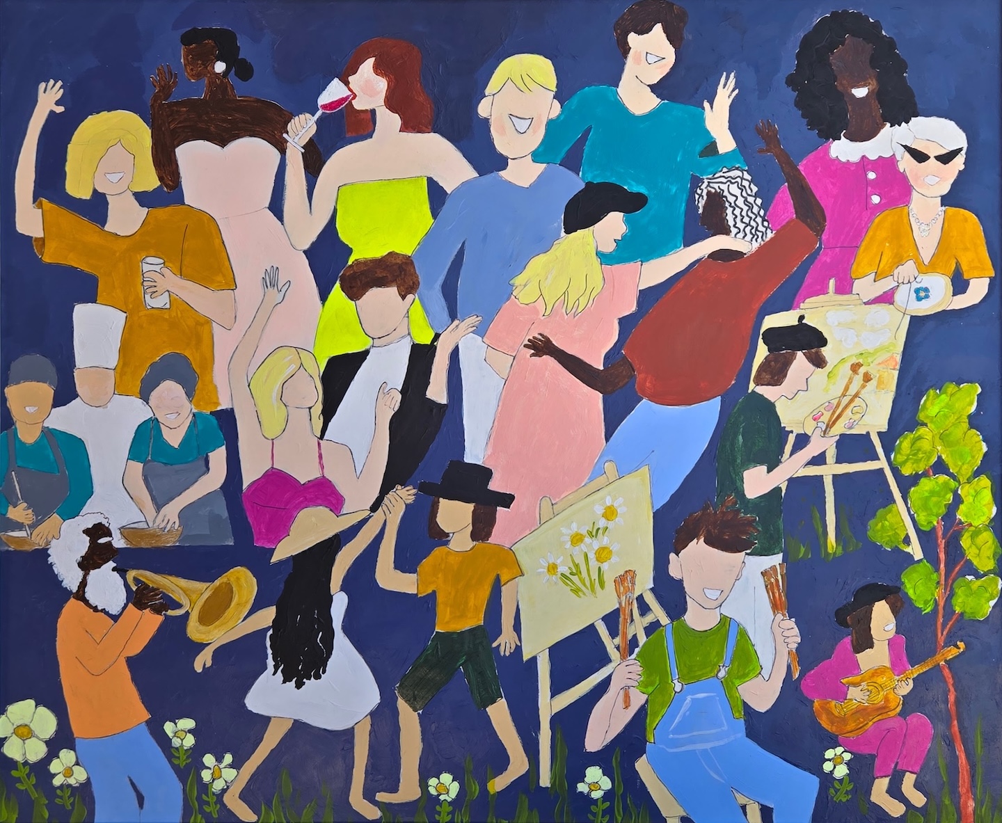 Acrylic painting of a several individual characters gathered together