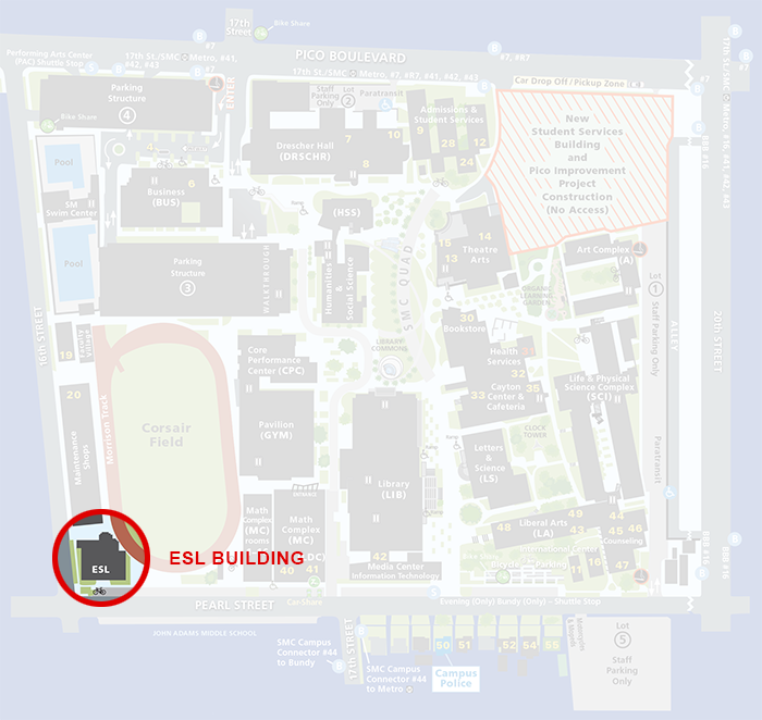 Map of main SMC campus with ESL Building highlighted