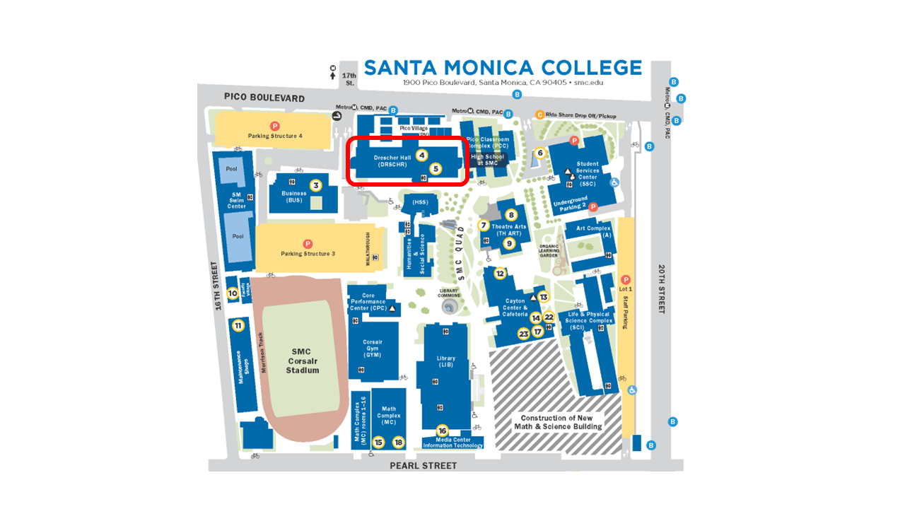 SMC campus map with location of ESL building outlined in red.
