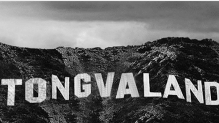 Illustration by Tongvan artist Weshoyot Alvitre replacing the iconic Hollywood sign with the words Tongva Land.