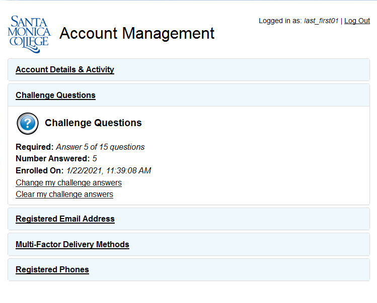 Account Management challenge panel