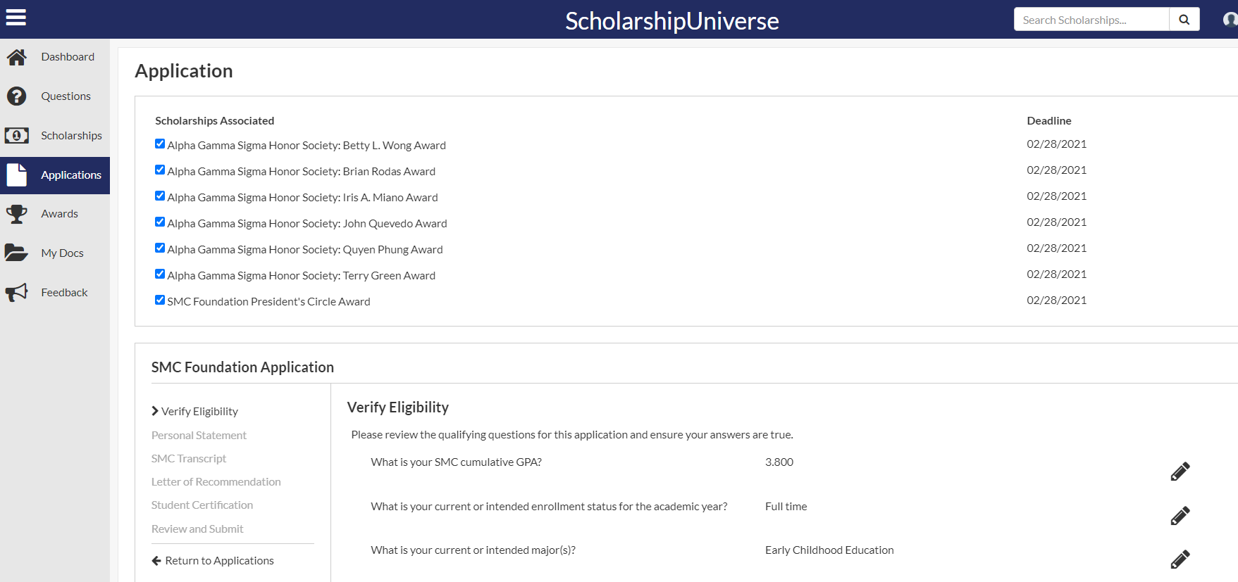screenshot of Scholarship Universe displaying what marked applications look like