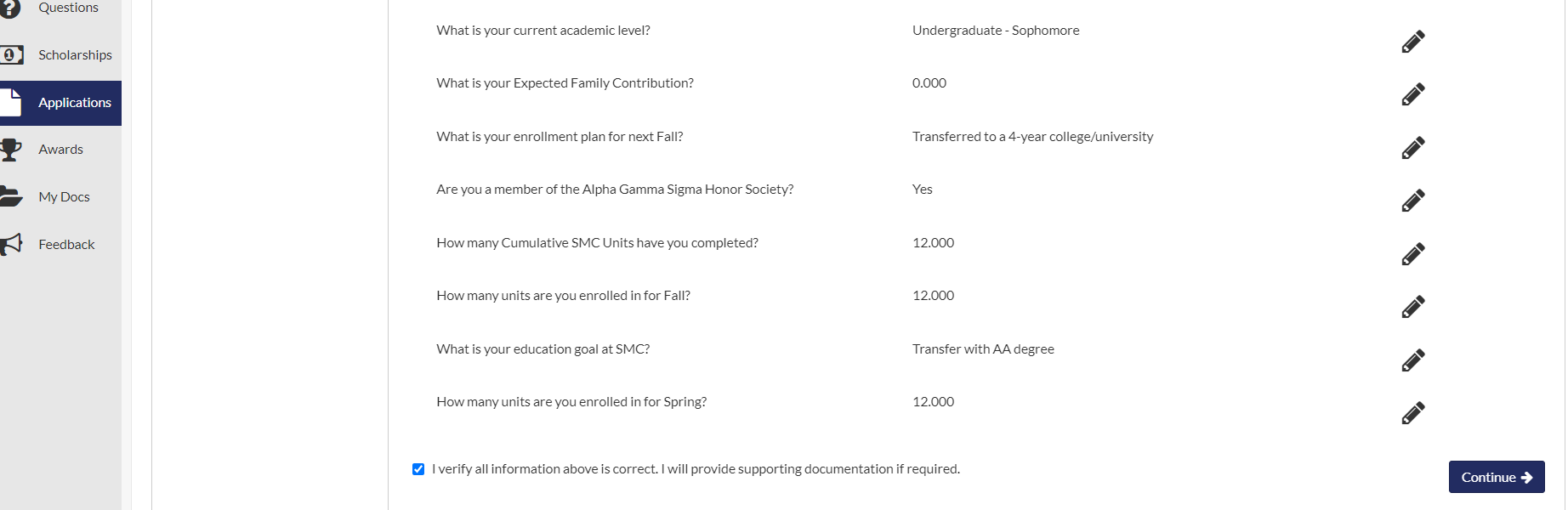 screenshot of Scholarship Universe showing the verification box