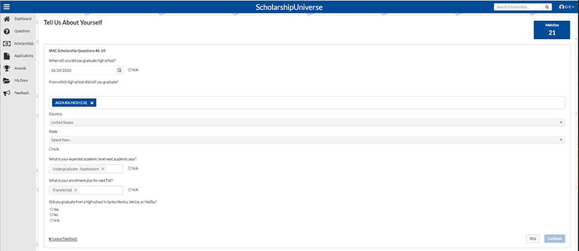 screen shot of SchoarshipUniverse with the match area displayed