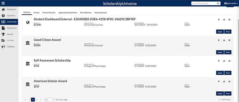 screenshot of ScholarshipUniverse with list of scholarships displayed