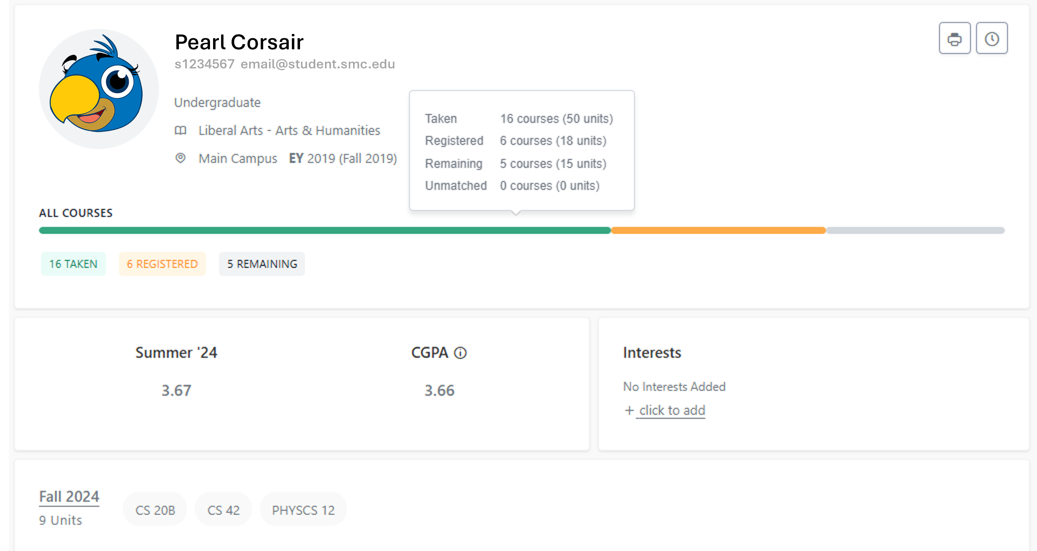 Student dashboard in Stellic for Pearl Corsair, displaying academic progress. Includes name, ID, program, and a progress bar showing 16 courses taken, 6 registered, and 5 remaining. Displays cumulative GPA and courses enrolled.