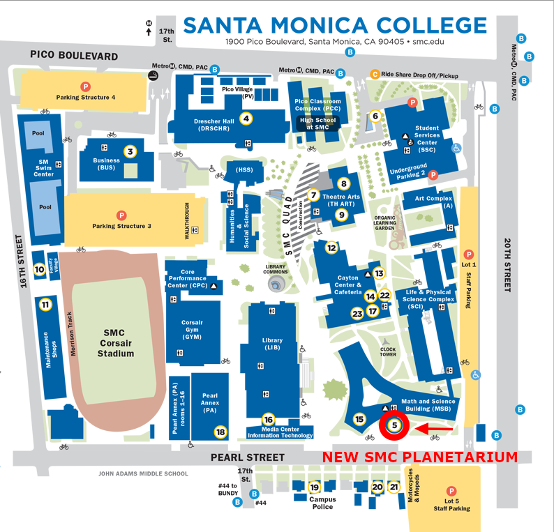 SMC campus map indicating the new Planetarium - at the corner of Pearl and twentieth street