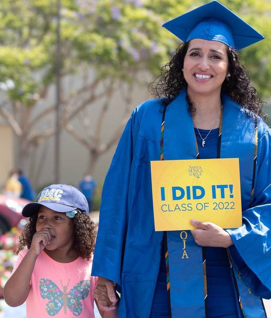SMC graduate Khadija Backrien, pictured with her daughter, was among 950 graduates out of the 5,215 earning degrees and certificates this year from Santa Monica College to participate in the June 11 “Grad Walk”. Backrien endured a lifetime of heartbreak, including losing a young son to gun violence, before attaining this life goal.