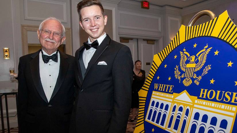 SMC Film major and Corsair contributor Ethan Swope with his grandfather Hans Diessel (left) at the White House News Photographers Association ‘Eyes of History®’ Awards Gala in Washington, D.C. on Saturday, Sept. 10, 2022. Swope was named the WNHPA Student Still Photographer of the Year. (Photo Credit: Gerard Burkhart)