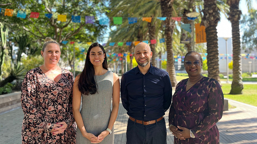 (L-R) Political Science professor Christina Gabler, Ph.D., counselor Vicenta Arrizon, Ed.D., Business professor Nathan Khalil, J.D., and Interim Dean of Special Programs Debra Locke make up Santa Monica College’s Law Pathway Program team. The program supports traditionally underrepresented students on their path to law school, and has seen a 100% graduation and transfer rate over its seven years of existence, with 107 students having completed it. Students who successfully complete the Law Pathway Program earn priority admission review—along with the waiving of application fees—at 14 California law schools.