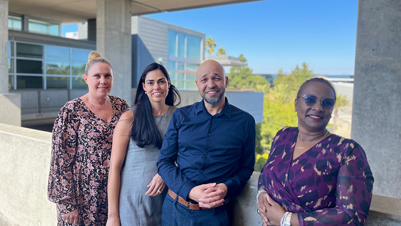 (L-R) Political Science professor Christina Gabler, Ph.D., counselor Vicenta Arrizon, Ed.D., Business professor Nathan Khalil, J.D., and Interim Dean of Special Programs Debra Locke make up Santa Monica College’s Law Pathway Program team. The program supports traditionally underrepresented students on their path to law school, and has seen a 100% graduation and transfer rate over its seven years of existence, with 107 students having completed it. Students who successfully complete the Law Pathway Program earn priority admission review—along with the waiving of application fees—at 14 California law schools.