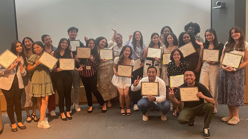 The 18 students selected to participate in the academically-intensive Stanford Summer Community College Premedical Program (SSCCPP) at Stanford Medicine, including SMC neuroscience major Candido Lopez, psychology major Jai Williams and anthropology major Alexis Molina, celebrating the successful completion of the six-week program.
