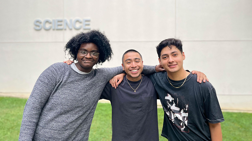 (L-R) SMC Psychology major Jai Williams, anthropology major Alexis Molina, and neuroscience major Candido Lopex were among 18 students selected earlier this year to participate in the academically-intensive Stanford Summer Community College Premedical Program (SSCCPP) at Stanford Medicine. 
