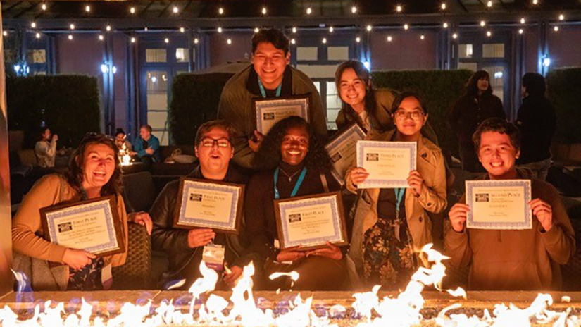 Front row (L-R) Renée Bartlett-Webber, Alejandro Contreras, Cebelihle Hlatshwayo, Amber Guerrero, Caylo Seals & back row (L-R) Danilo Perez and Taylor Smith display their awards from the California College Media Association conference. (Photo Credit: Gerard Burkhart)