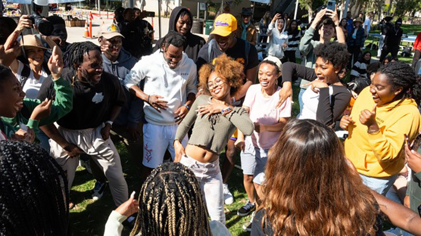 Santa Monica College students dancing in the last hour of the HBCU Caravan event held at Santa Monica College’s main campus, in Santa Monica, Calif. on Thursday, Oct. 26, 2023. The photo, taken by Danilo Perez, won a first place award from the California College Media Association in the feature photo category. (Danilo Perez | The Corsair)