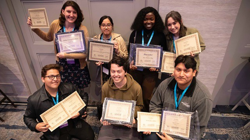 Front row (L-R) Alejandro Contreras, Caylo Seals, Danilo Perez along with back row (L-R) Renée Bartlett-Webber, Amber Guerrero, Cebelihle Hlatshwayo, and Taylor Smith display their awards at the Journalism Association of Community Colleges/ ACP conference. (Photo Credit: Gerard Burkhart)