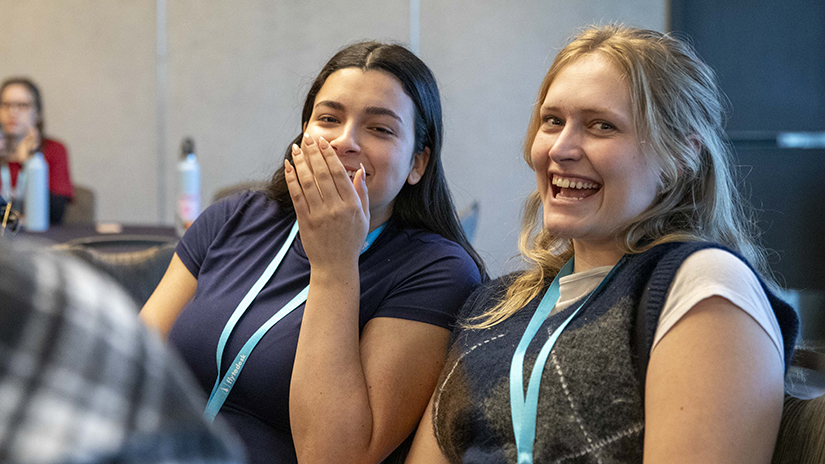 Corsair Editor in Chief Adriana Brady (left) and Managing Editor Jenna Tibby (right) attend the Associated Collegiate Press 2025 National College Media Conference in March in Long Beach, Calif. (Photo Credit: Gerard Burkhart)