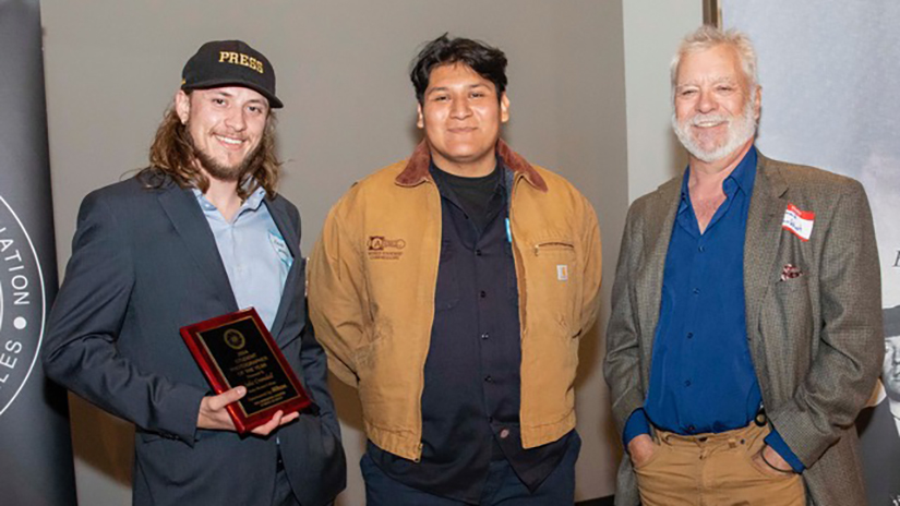 Spring 2025 Corsair staff members pose with dozens of journalism awards won by their Santa Monica College student newsroom at the 2025 National College Media Conference in Long Beach on Saturday, March 8, 2025. (Photo Credit: Gerard Burkhart)