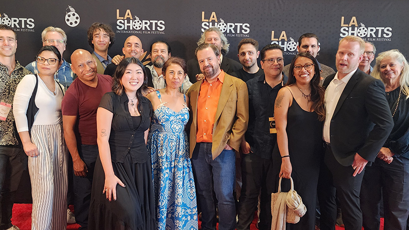 The cast and crew of the SMC student film “Ends and Means” at the LA Shorts International Film Festival. “Ends and Means” is among the many films funded by the Golden Globe Foundation. The Foundation  recently gave a renewed award of $43,000 to help fund the film production program’s capstone class, “Making the Short Film.” (Photo Credit: Andrea Sanderson)