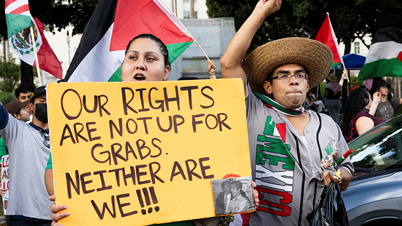 Protesters waved anti-ICE signs on West First Street in Los Angeles, Calif., on Monday, Sept. 1, 2025, to protest increased immigration enforcement. This photo by Corsair news editor Kayjel J. Mairena was part of an online photo story essay that won Mairena and Jake Crandall a first-place JACC award.