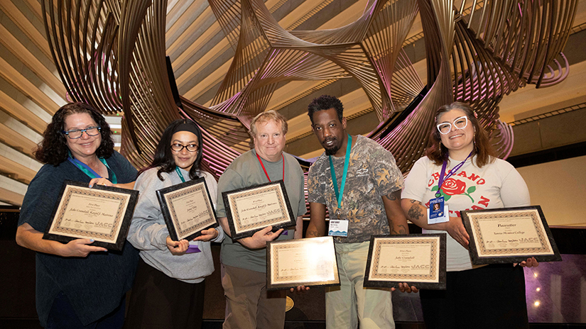 Corsair Adviser & SMC Journalism Professor Sharyn Obsatz, Design Editor Nastassia Melendez, Assistant Photo Editor Tom Rosholt, Journalism Association of Community Colleges student President Gregory Hawthorne, and Corsair Journalist Christine Xolotl Muñoz on March 2026 in San Francisco, where they attended the Associated Collegiate Press Spring 2027 Convention. (Photo Credit: Gerard Burkhart).