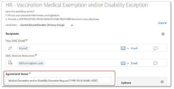 indicating where the agreement name form field is in the medical exemption form