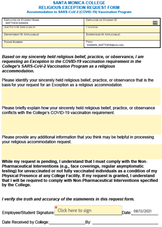 where to add your personal information to the religious exception request form