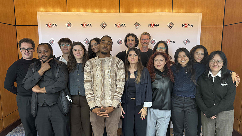 (Left to right) SMC Architecture and Interior Architectural Design students Beau Carter, Rico Santana, Jacob Presogna, Kaya Gips, Candice Sledd, River Jordan, Arya Rahmanian, Coco Martino, Prof. Michael Rocchio, Mia Carreto, Prof. Josephine Hao, Marilyn Palacios, Ornella Dubuche, Youxian Luo