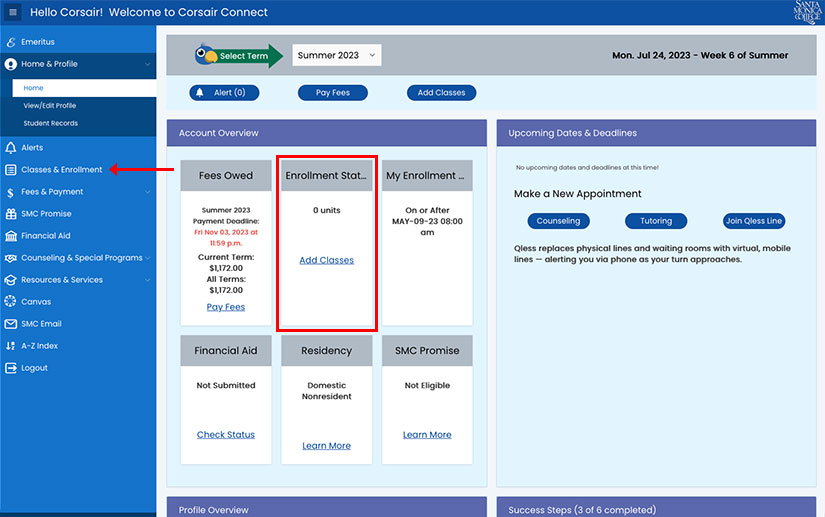 Corsair Connect website with the Enrolled Area section indicated.