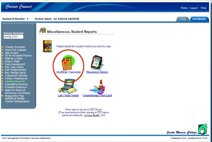 Corsair Connect website with the Unofficial Transcript button indicated.