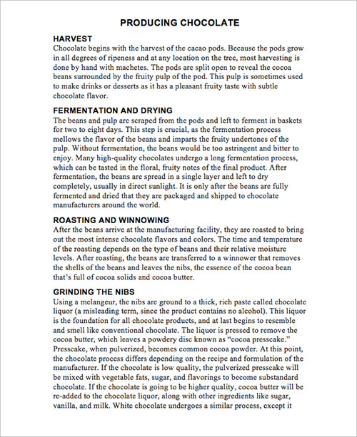 Heading Structure Screen Shot of Producing Chocolate Document