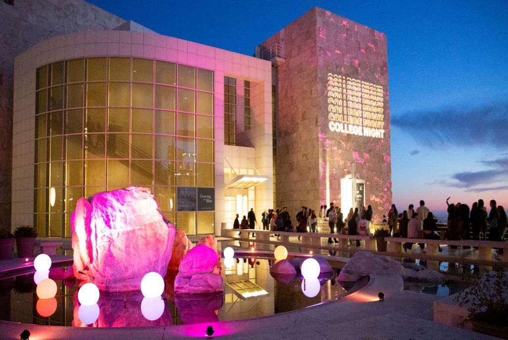 Getty Center building with line of students outside
